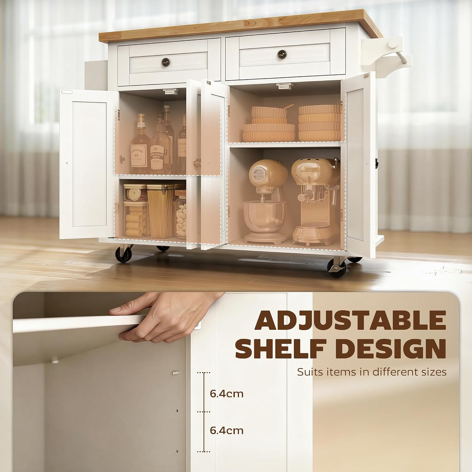 HOMCOM Kitchen Island Cart with Solid Wood Top, 44' Mobile Kitchen Island Table on Wheels with Storage Cabinets, 2 Drawers, Adjustable Shelves, Spice Rack & Towel Bar for Dining Room, White