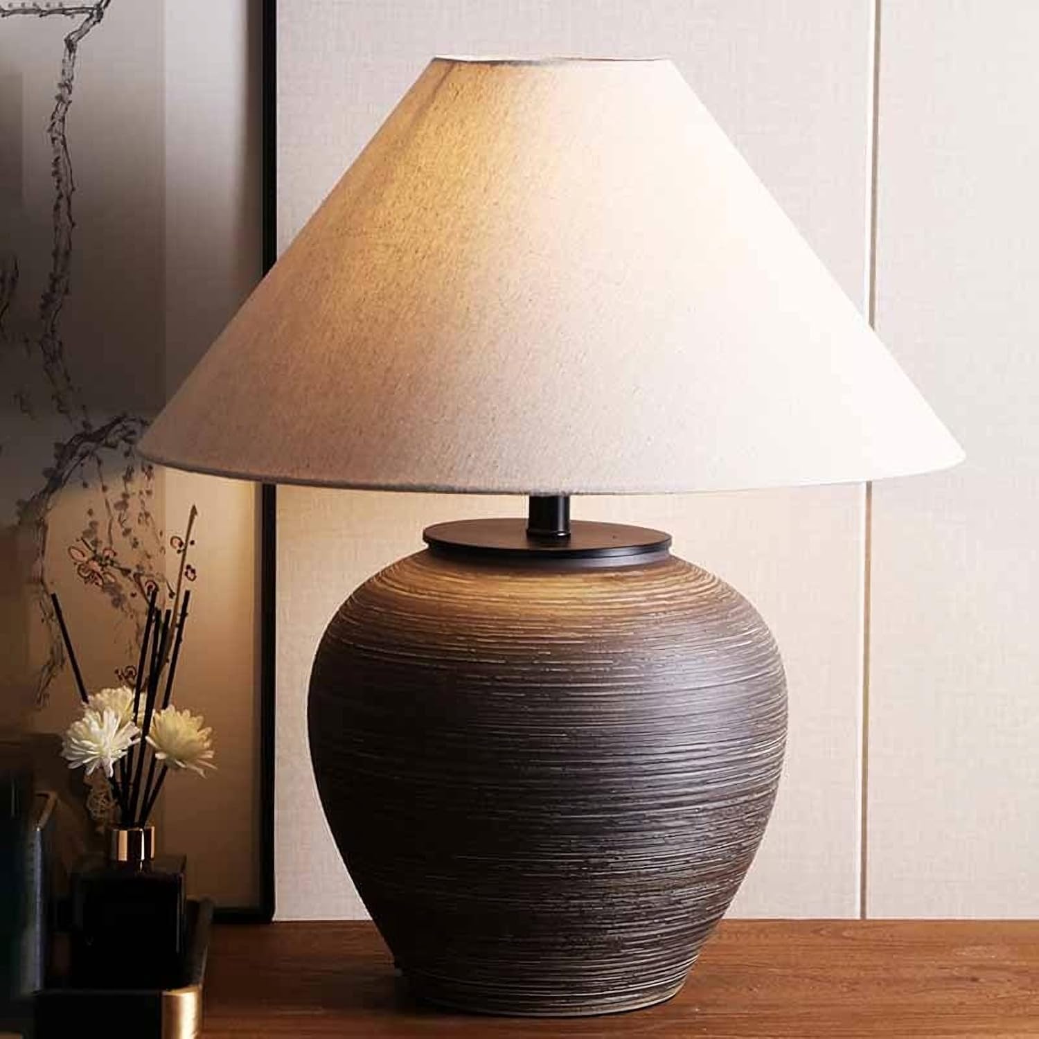 19.6'' Farmhouse Round Ceramic Table Lamp Rustic Retro Desk Lamp Brown Check Body with Off-White Fabric Shade Bedside Nightstand for Living Room Bedroom Home Office