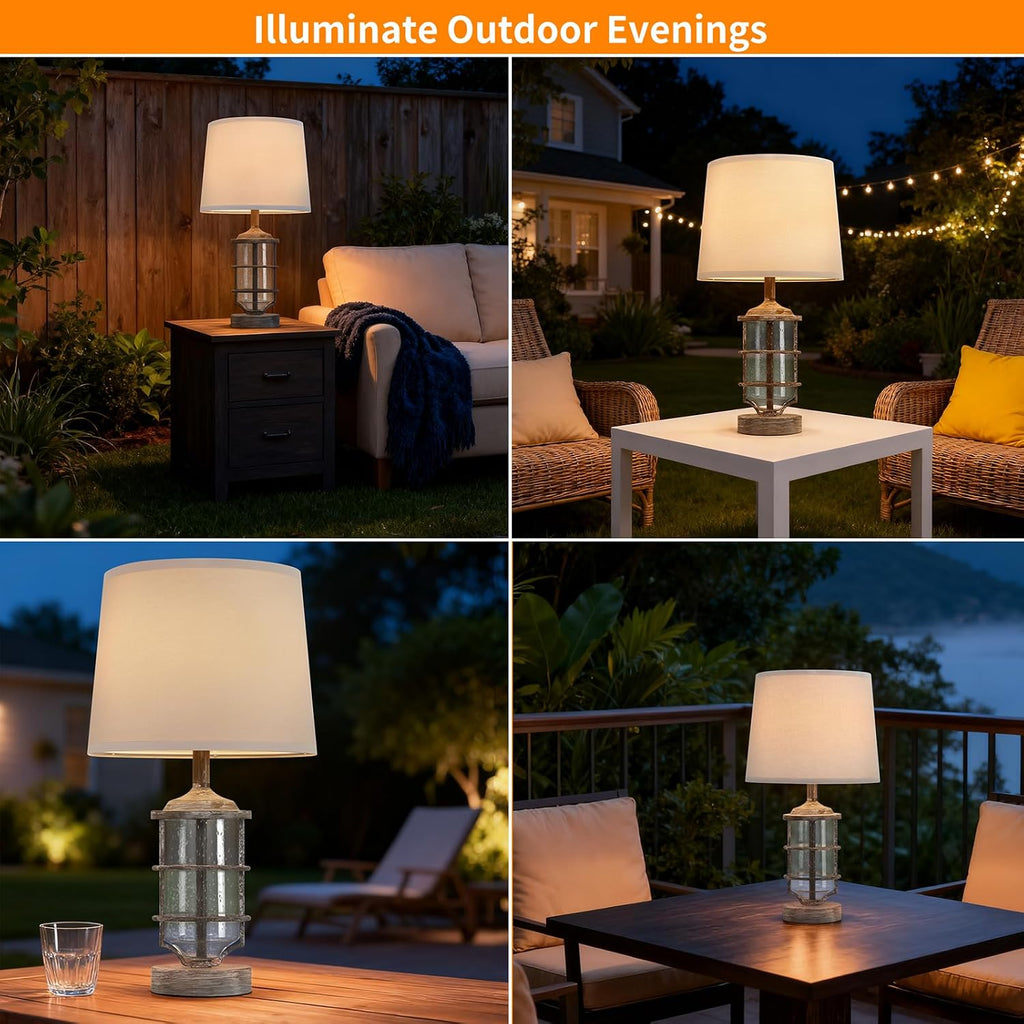 Outdoor Table Lamp, Farmhouse Lamp for Patio Table Decor with Cord, Rustic Table Light with Seeded Glass, 23.5' Plug-in Outdoor Lamps for Patio Waterproof, LED Bulb Included (Antique White Color)