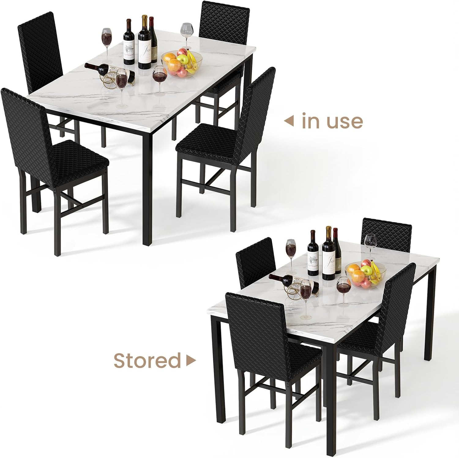 Hooseng Kitchen Table Set 5 Piece Dining Room Table Set Marble Dining Table 4 Chair Dining Table Set for Kitchen Living Room Breakfast Small Spaces (White & Black)