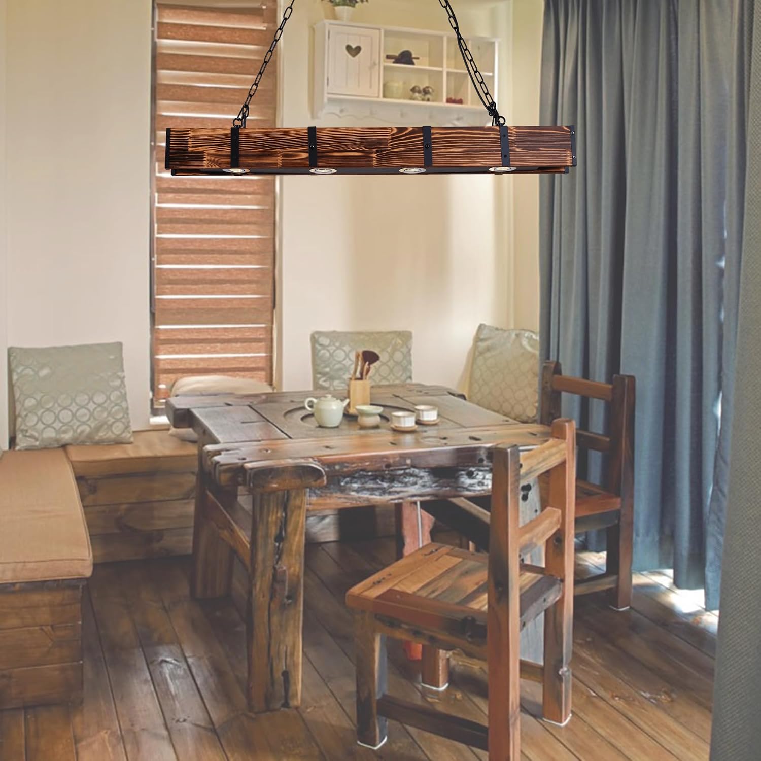 Farmhouse Wood Chandeliers,4 Lamp Dining Room Light Fixture, Pool Table Pendant Light Rustic Kitchen Island Lighting, Dining Room Chandelier Over Table 3 Color Light
