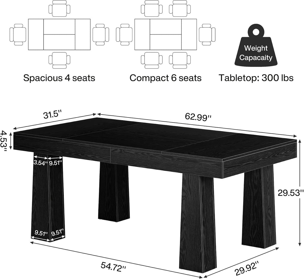 Tribesigns 63'' Dining Table, Modern Rectangular Kitchen Table with Heavy Duty Tapered Legs, Black Business Dinner Table for Dining Room, Cafe, Restaurant, Easy Assembly (1, Black)