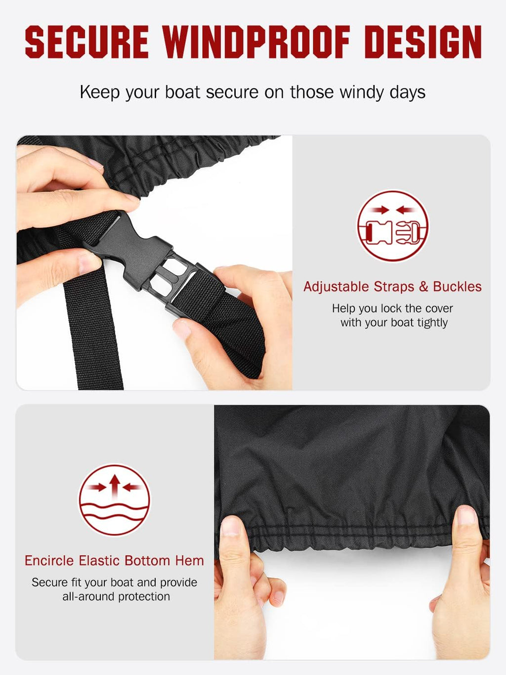 Angink 20ft-22ft Heavy Duty Boat Cover Waterproof 600D Trailerable Fabric, Fits Deck Boats, V-Hull Runabout & Wakeboard Boats (Beam Width up to 100'), Reinforced Straps - Black