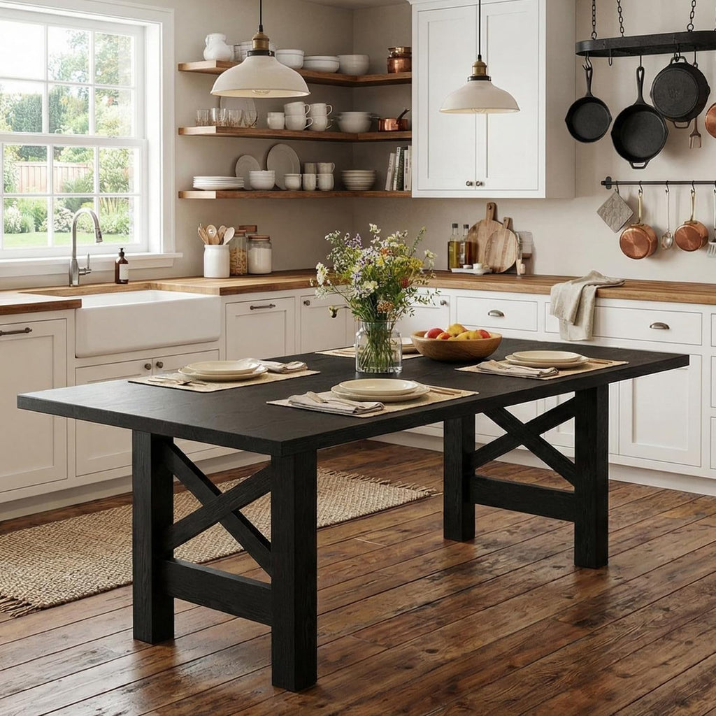 Garvee Wood Farmhouse Dining Table for 6-8, Heavy Duty Large Kitchen Table, 70.87' Long Rectangular Dining Room Tables with Strong Legs, Thickness Tabletop, for Big Family, Dinette, Rustic Black