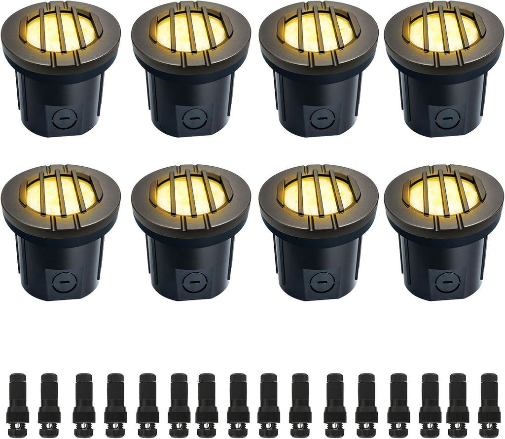 6W Well Lights, Grated Top, 3000K, 12-24V AC/DC, Outdoor In-ground Lights with Wire Connectors, IP65 Waterproof Low Voltage Lighting for Garden Fence Pathway Deck, ETL Certified, 8 Pack