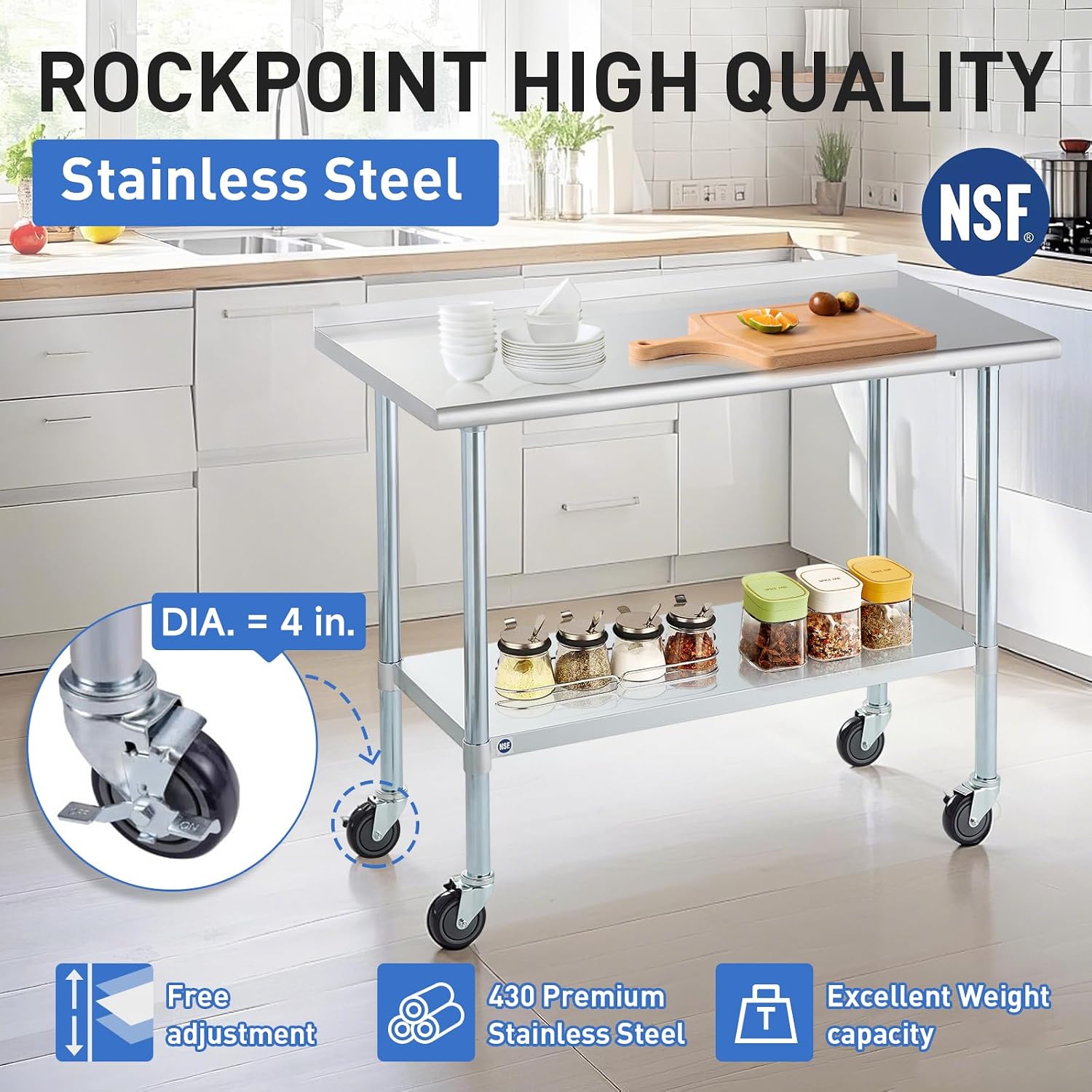 Stainless Steel Table for Prep & Work with Caster & Backsplash 30x60 Inches, NSF Metal Commercial Kitchen Heavy Duty Table with Adjustable Under Shelf and Table Foot for Restaurant, Home and Hotel