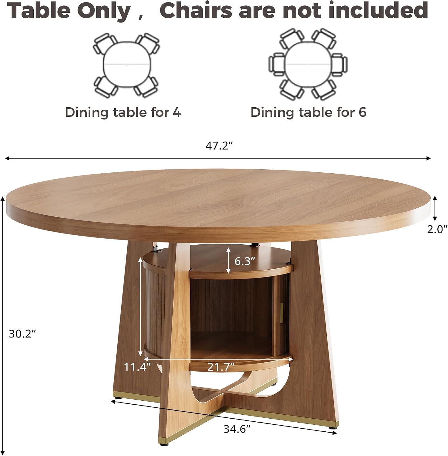 IRONCK 47 Inch Round Dining Table for 4-6 People with Built-in Storage Cabinet, Mid-Century Modern Kitchen Table for Dining Room, Kitchen, Living Room (Natural Wood)