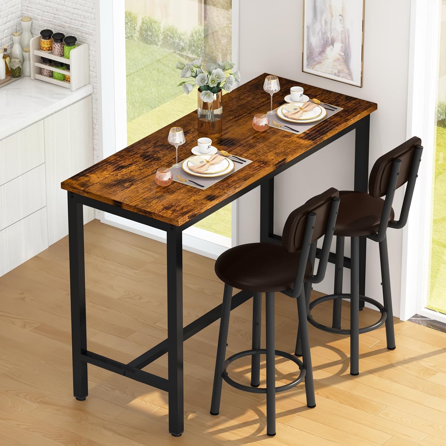 AWQM 47.2'' Pub Height Table Set for 4,Kitchen Dining Set with 2 Bar Table Table and 4 PU Leather Stools with Backrest,for Breakfast Nook,Living Room,Small Space,Bar,Rustic Brown & Brown, APHT-2