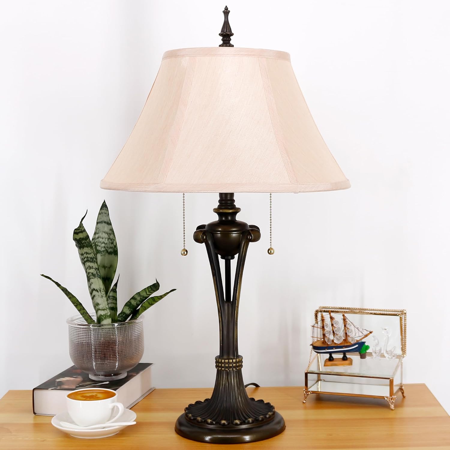 Farmhouse Table Lamp Antique Resin Base Traditional Rustic Mid-Century Large Desk Lamp 27 Inch Tall for Living Room Office Bedroom