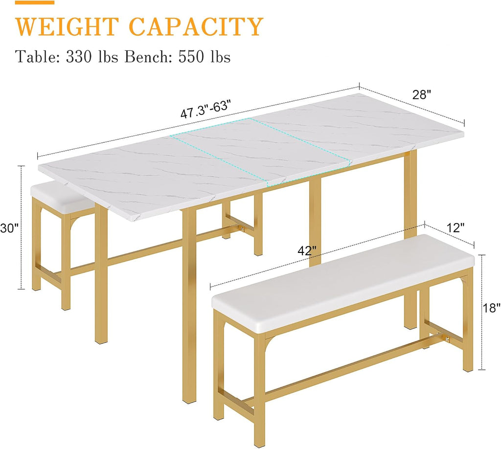 VECELO 3-Piece 63' Extendable Kitchen Table with Benches/Chairs, Modern Breakfast Dinette/Dining Room Set for 4/6/2, Small Space Saving Design, Easy Assembly