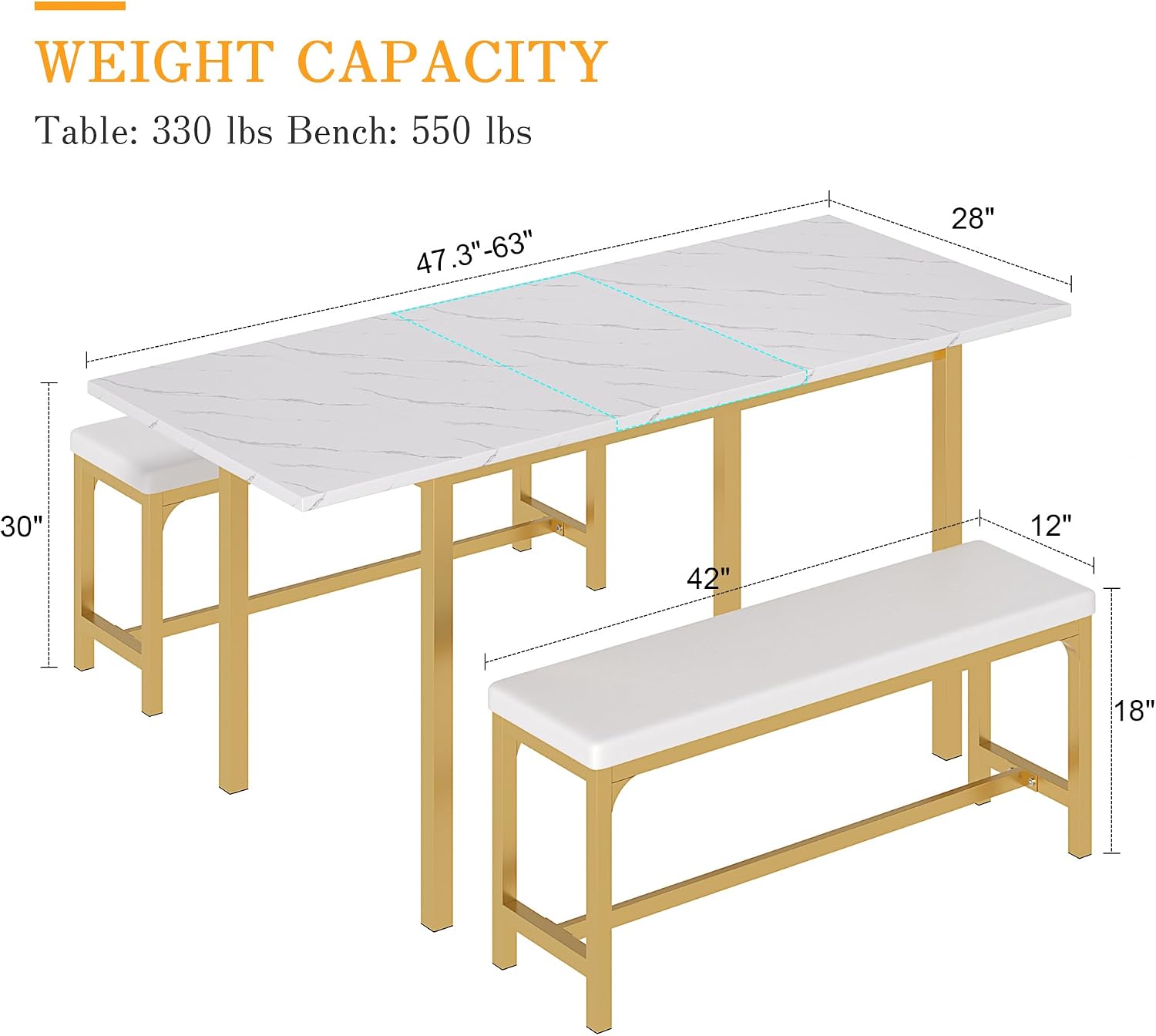 VECELO 3-Piece 63' Extendable Kitchen Table with Benches/Chairs, Modern Breakfast Dinette/Dining Room Set for 4/6/2, Small Space Saving Design, Easy Assembly