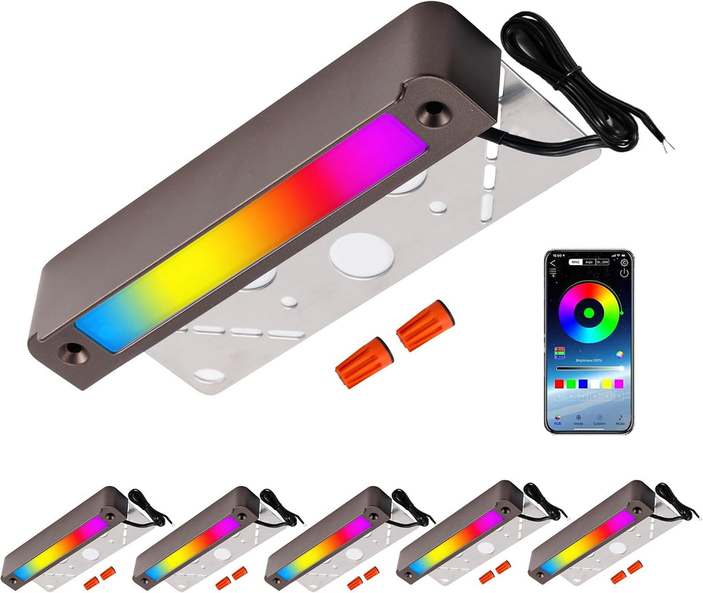 Smart Hardscape Lighting RGBCW, 5W LED App Control Deck Step Lights Outdoor, IP65 Waterproof 12V Low Voltage Aluminum ORB for Landscape Retaining Wall Paver 6 Pack