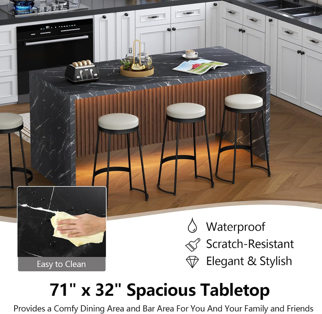 71' Large Imitation Marble Dining Table for 4-6 People, Island Table with LED Lights, Mordern Marble Stripes Kitchen Dining Table with Grille design for Dining Room, Home, Living Room (black)
