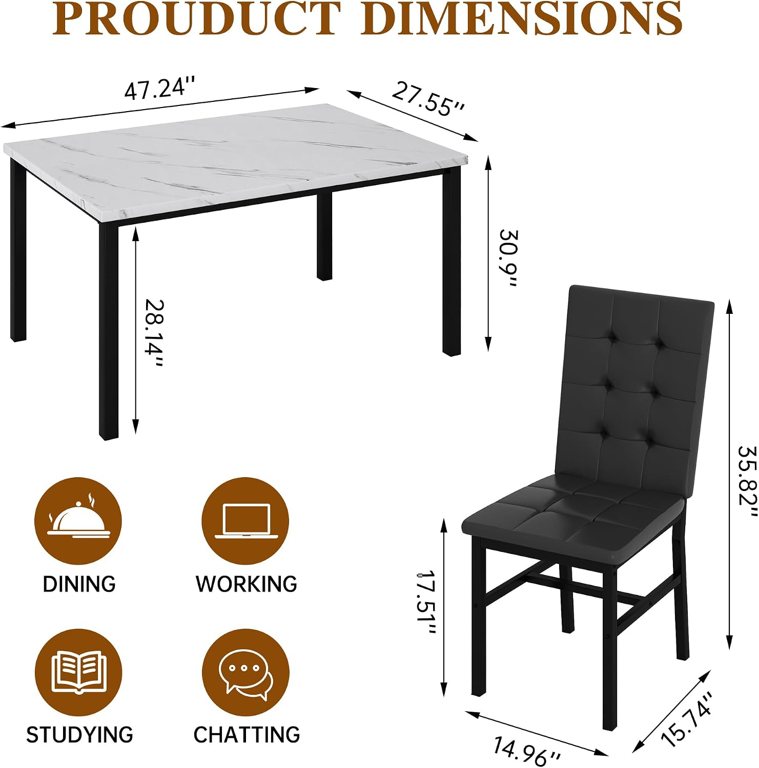 AWQM Dining Table Set for 4,Faux Marble Kitchen Table and Chairs Set of 4, Modern Dining Room Table Set for 4,Dinner Table with 4 Leather Chairs, Dinette Set for Small Spaces (White & Black)