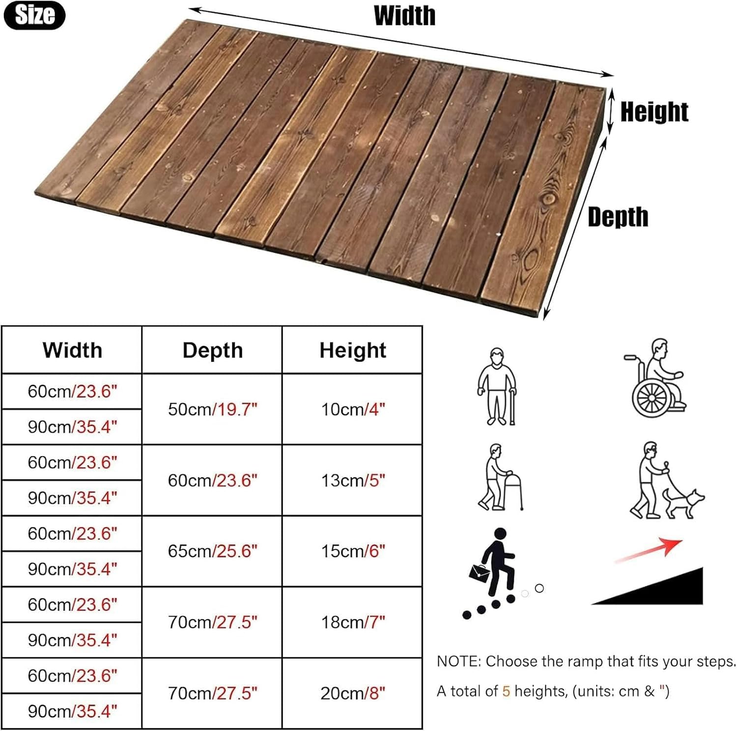 Threshold Ramp, Curb Ramp, Doorway Ramp for Elderly, Wooden Threshold Ramp Rise Portable Slope for Wheelchairs Walker Entrance