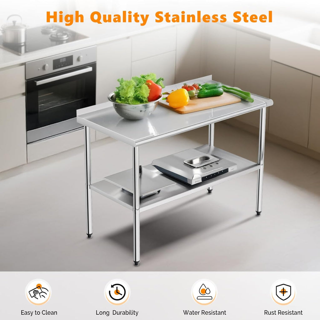 ROVSUN 60'' x 24'' Stainless Steel Table for Prep & Work,Commercial Worktables & Workstations, NSF Heavy Duty Metal Table with Adjustable UnderShelf & Backsplash for Kitchen,Restaurant,Home,Hotel
