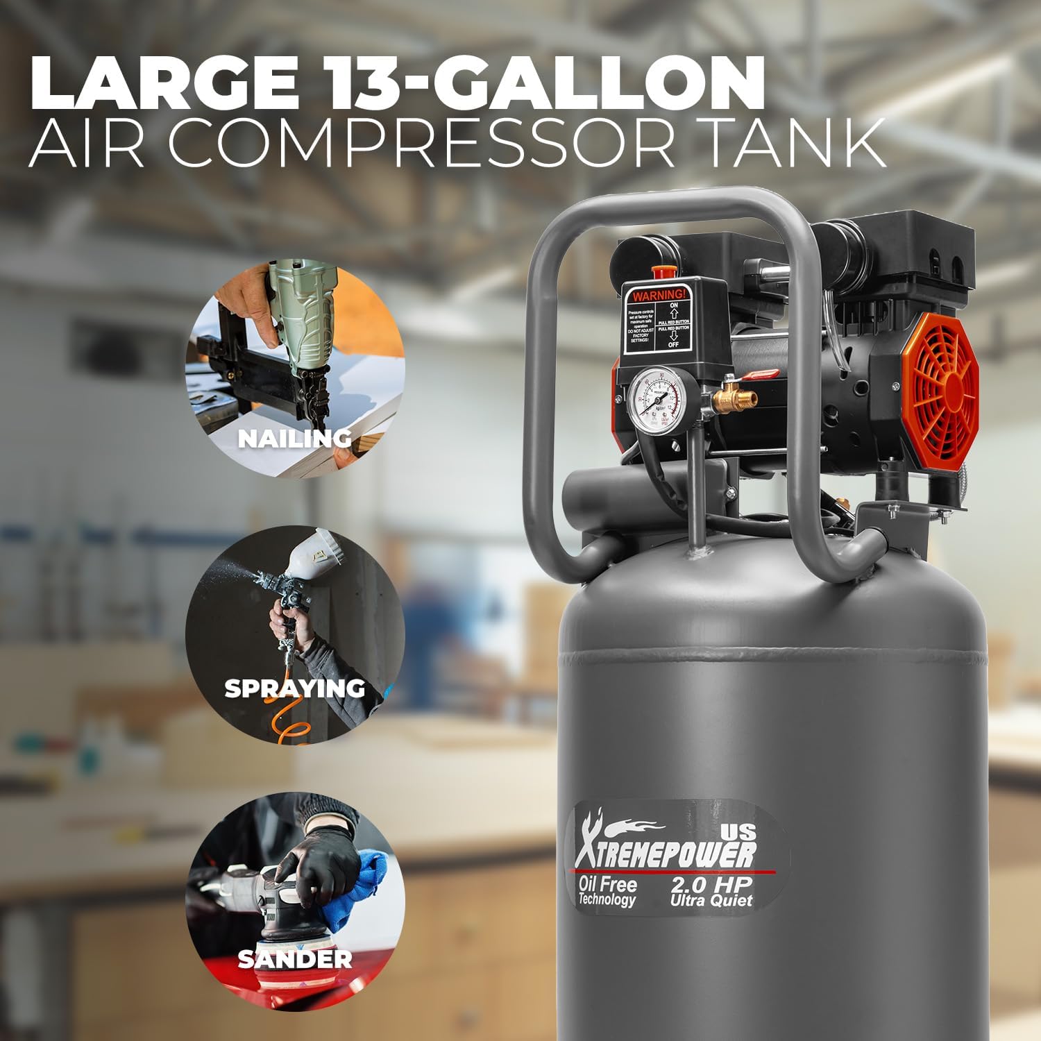 XtremepowerUS 13-Gallon Air Compressor, 2HP 1450W, 4.9CFM@90PSI, Oil-Free Quiet Tank, 65dB Low Noise, Portable with Wheels, Max 116PSI