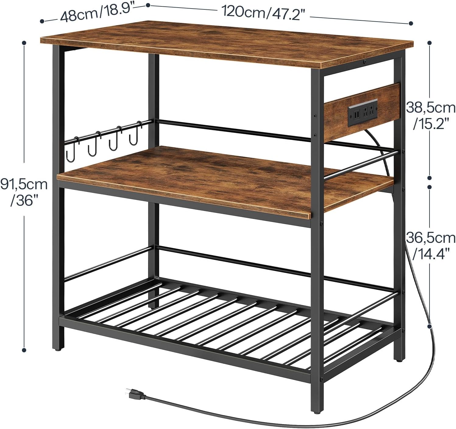 HOOBRO Kitchen Island with Storage, Kitchen Island Table with Power Outlet, 47.2' L 3 Tier Kitchen Counter and Microwave Stand, for Home, Kitchen and Dining Room, Rustic Brown and Black BF120UZD01
