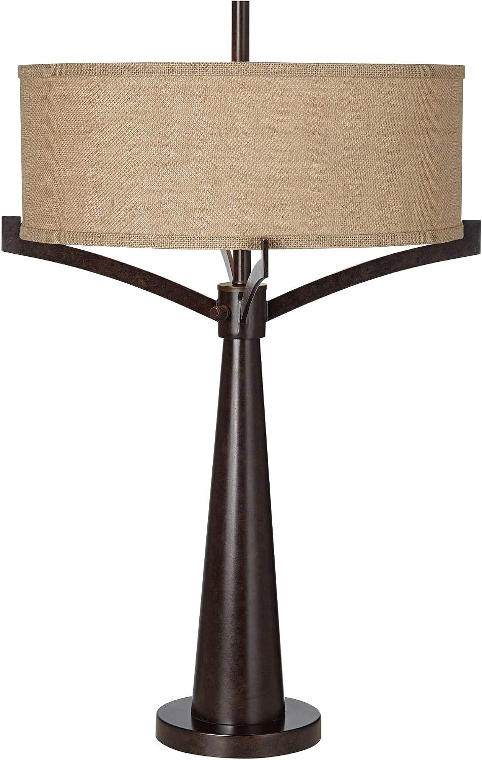 Franklin Iron Works Tremont Mid Century Modern Industrial Table Lamps 31.5' Tall Set of 2 Rich Bronze Iron Burlap Fabric Drum Shade for Living Room Bedroom House Bedside Nightstand Home Office