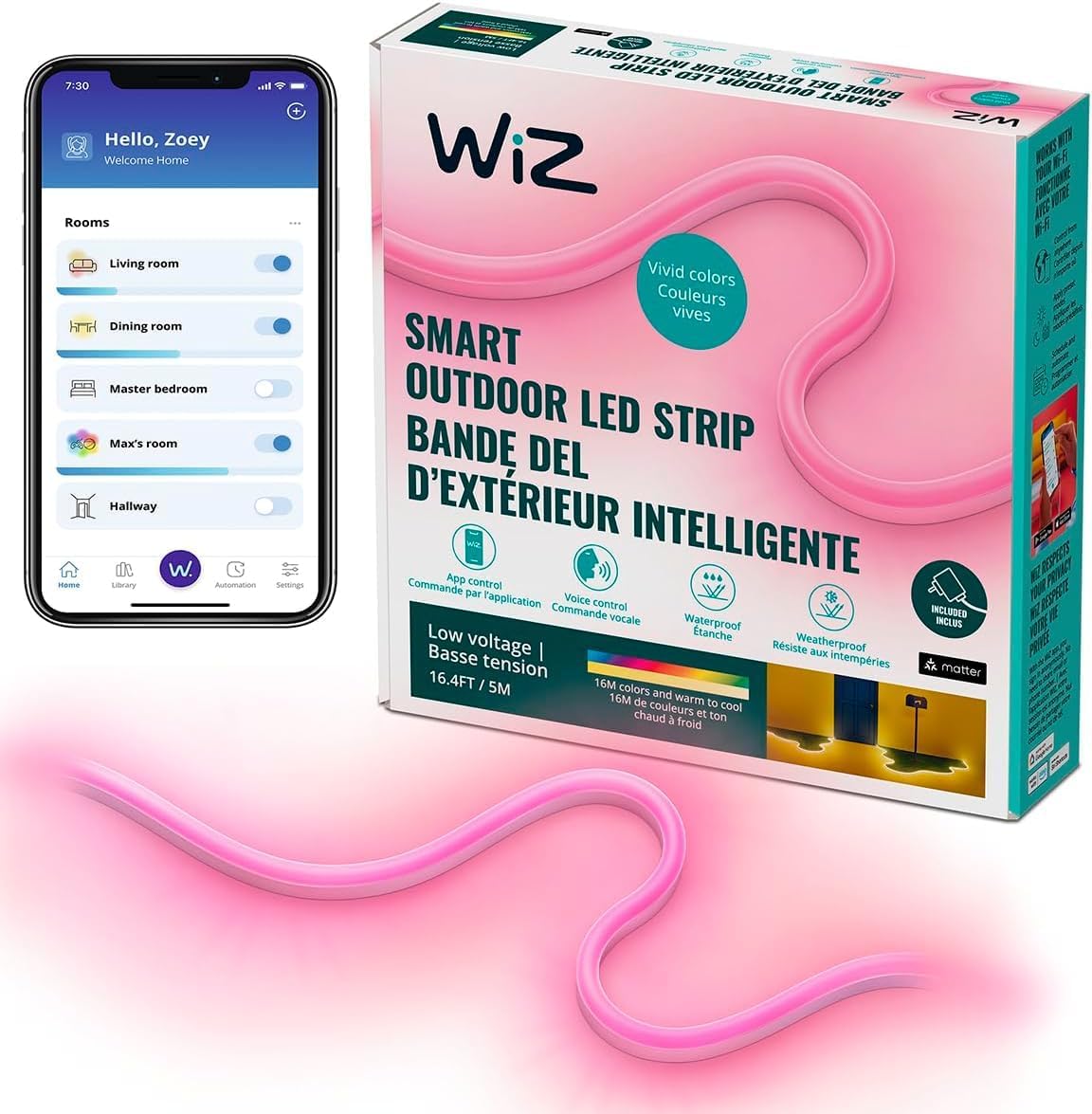 WiZ Connected 16 ft Outdoor LED Light Strip Base Kit with Plug - Flowing Multicolor LED Color-Changing Light Strip For Your Smart Home - Control App - Works with Voice