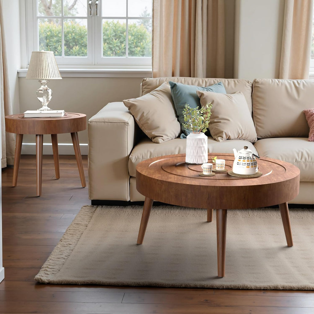 SUNBURY Round Coffee Table, Nesting Tables with Concentric Circle Pattern, Mid Century Modern Coffee Table Set for Living Room Bedroom, 31.5'x16' and 21.8'x20'