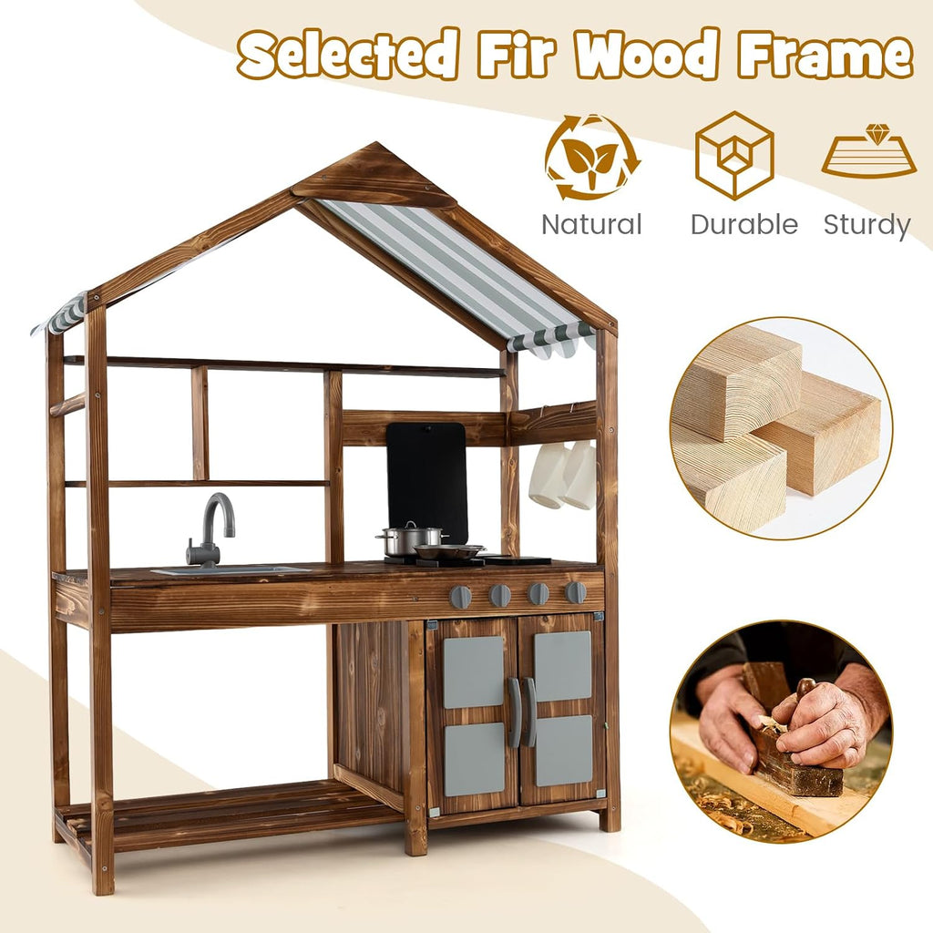 HONEY JOY Mud Kitchen with Canopy, Fir Wood Play Kitchen for Toddlers, Garden Sink, Stoves, Chalkboard, Storage Cabinet, Flowerpot, Outside Kitchen Playset, Mud Kitchen for Kids Outdoor Backyard
