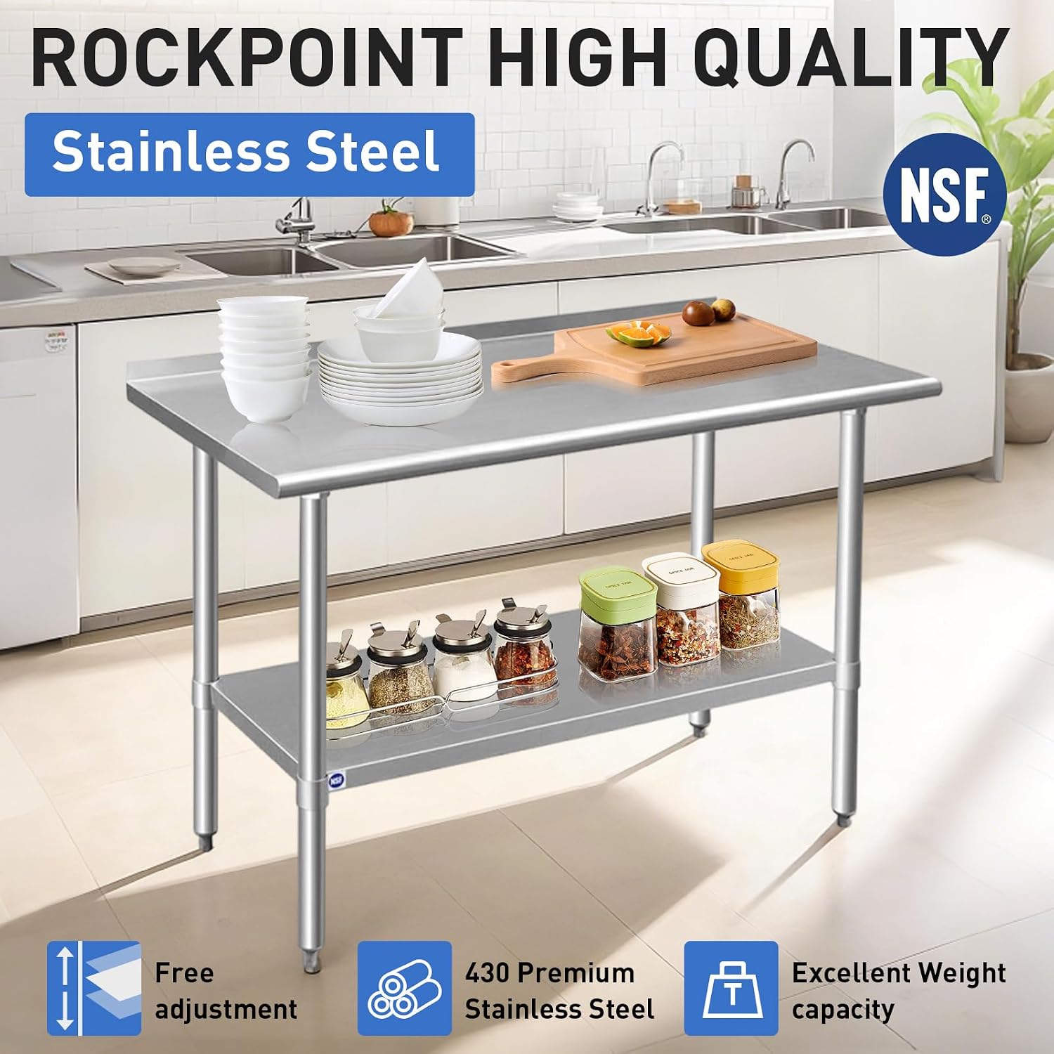 ROCKPOINT Stainless Steel Table for Prep & Work with Backsplash 18x48 Inches, NSF Metal Commercial Kitchen Heavy Duty Table with Adjustable Under Shelf and Table Foot for Restaurant, Home and Hotel