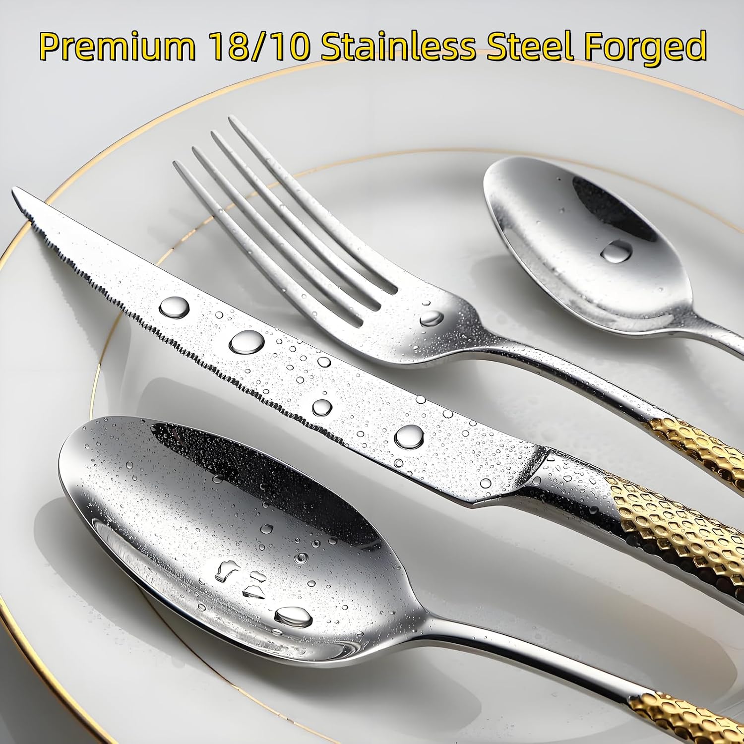 Gold Silverware Set 32 Piece Flatware Cutlery Set Service for 8,18/10 Stainless Steel Heavy Duty Hammered Handle Mirror Polished Dishwasher Safe Luxury Unique Utensil Sets for Home Kitchen Wedding