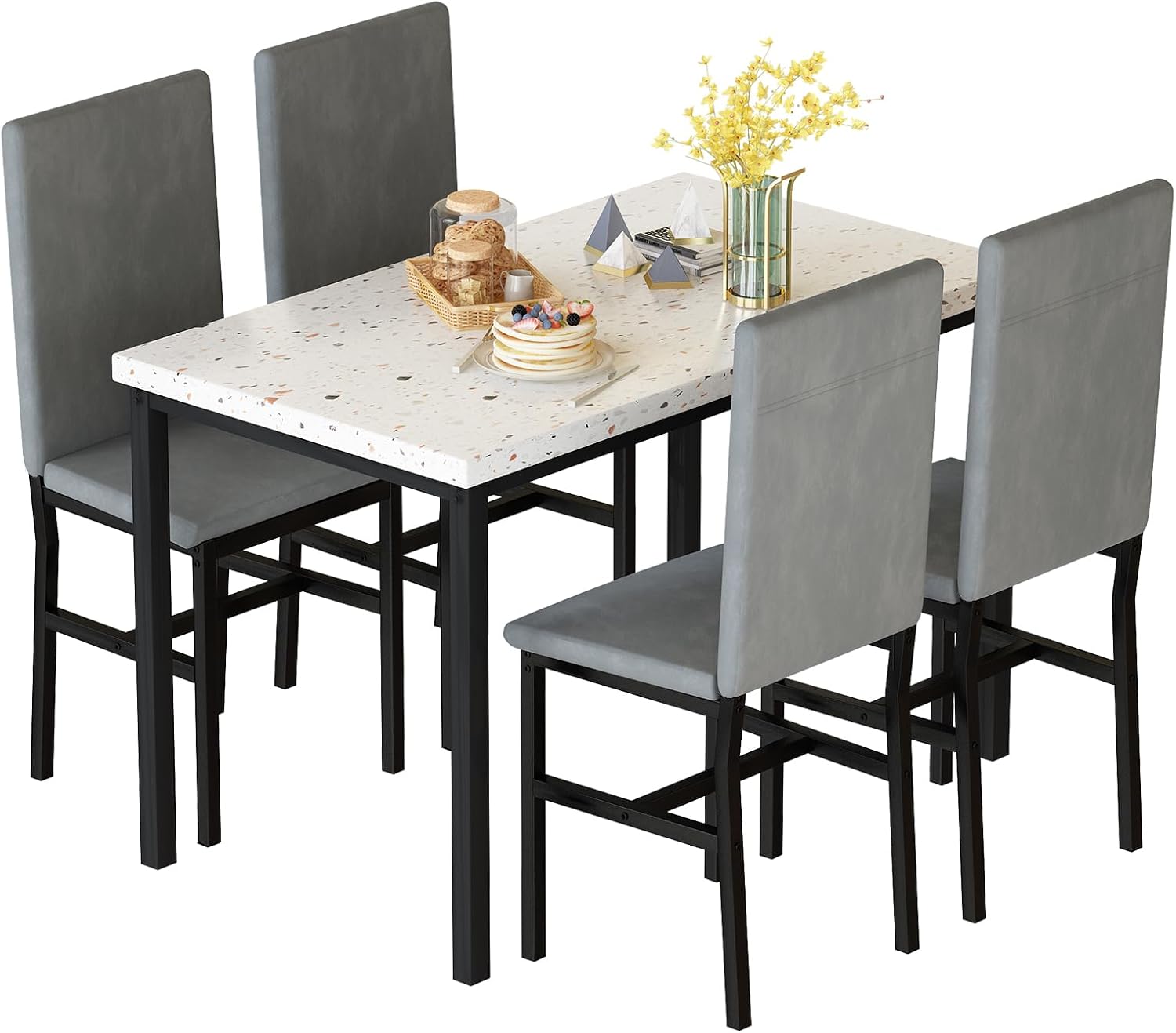 Hooseng 5 Piece Dining Table Set for 4, Small Faux Marble Kitchen Table with 4 Velvet Chairs, Modern Dining Room Table Set for Small Space, Breakfast Nook, Dinette