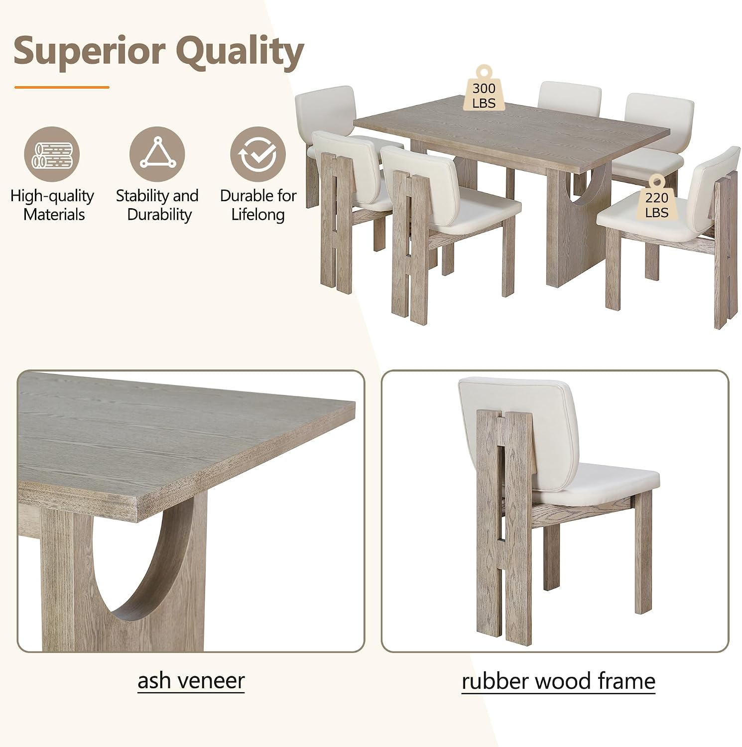 Merax Wood Dining Table Set for 6, Rectangular Tabletop/Upholstered Chairs/Retro Geometric Design, Ideal for Dining-Room and Kitchen, Natural