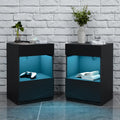 HOMMPA Set of 2 Open Shelf LED Nightstand with Charging Station 2 Drawers Bedside Table Black Night Stand with Storage Smart Nightstands High Gloss Night Table with Led Light for Bedroom Furniture
