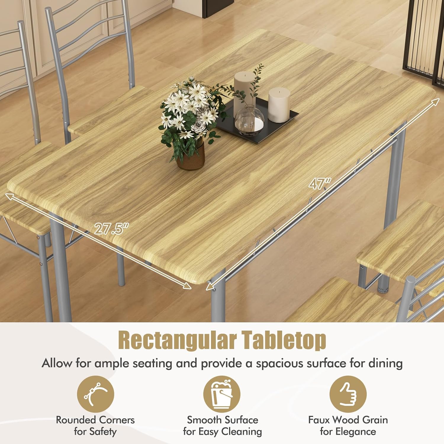 Giantex 47-inches Dining Table Set for 4, Rectangular Kitchen Table with 4 Dining Chairs, Metal Frame, 5-Piece Space-Saving Dinette Set for Small Space, Dinner, Breakfast Nook, Apartment, Natural