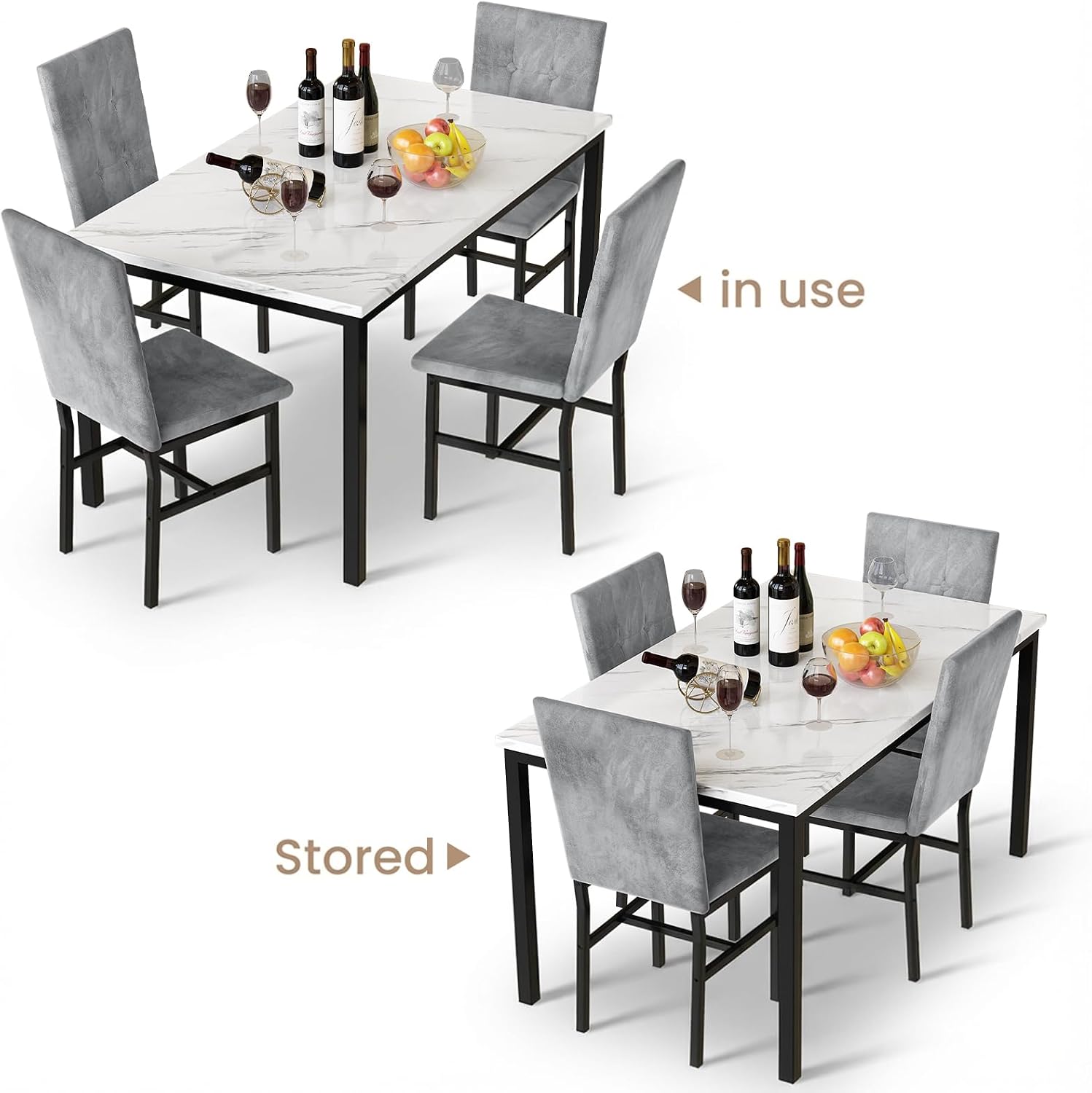 Hooseng Dining Room Table Set 5 Piece Dining Table Set Marble Dining Table 4 Chair Dining Table Set for Kitchen Living Room Breakfast Small Spaces (White & Grey)