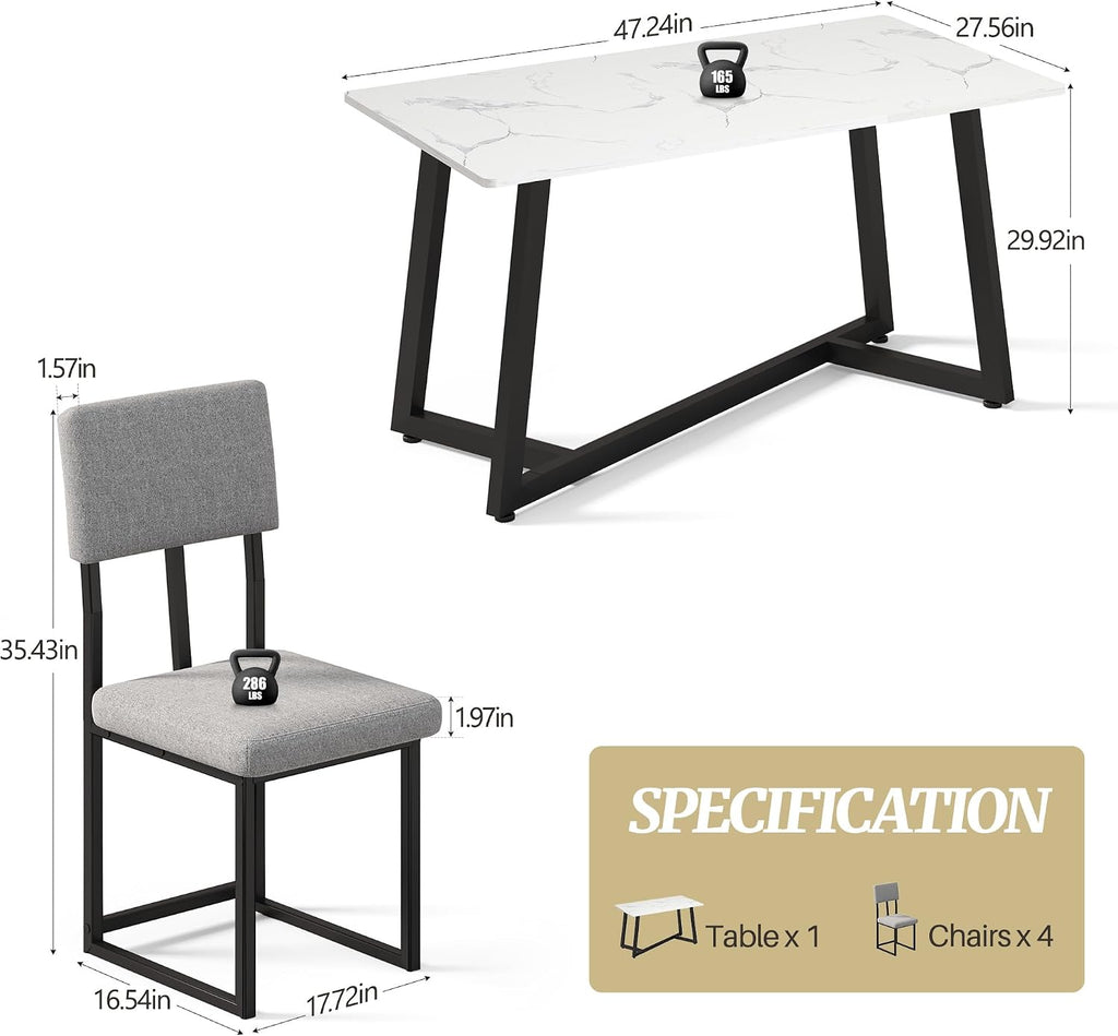 5-Piece Dining Table Set for 4, Faux Marble 47.24' Kitchen Table with 4 Linen Upholstered Chairs, Sturdy & Easy-to-Clean Small Dining Table Set for Apartments & Small Spaces