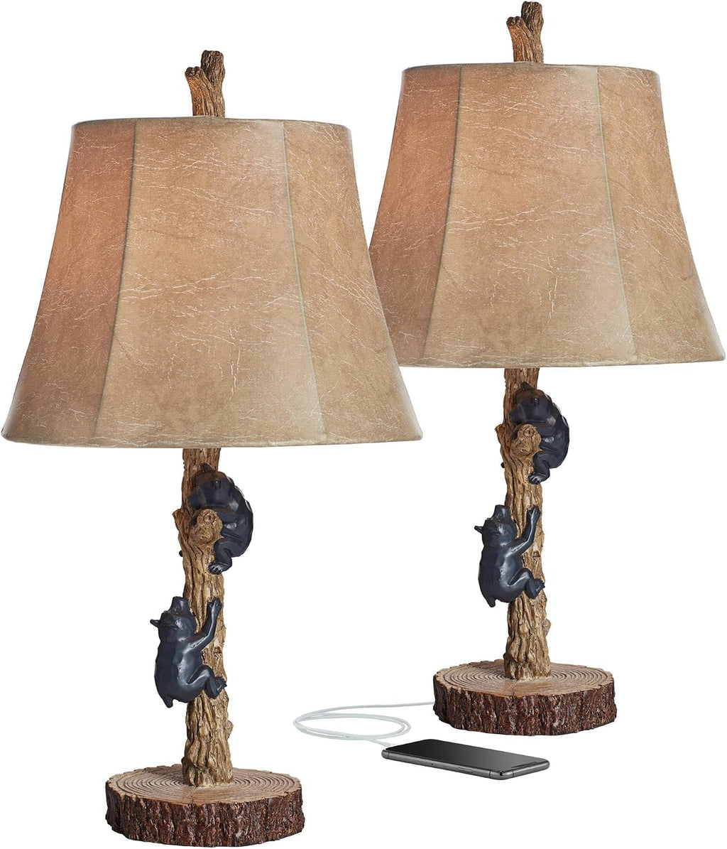 John Timberland Climbing Bears 22 1/2' High Small Rustic Natural Country Cottage Core Accent Table Lamps Set of 2 USB Port Brown Black Wood Finish Living Room Charging Bedroom Bedside Nightstand
