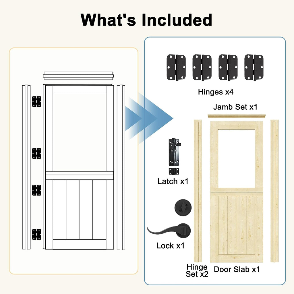 30' x 80' Exterior Prehung Dutch Entry Door (Front/Outside) - 1.75' Pine with 1-Lite Glass,Interior Doors Slab for Home Entryway/Back w/4 Hinges+1 Latch +1 Slab+1 Lock Set +1 Jamb