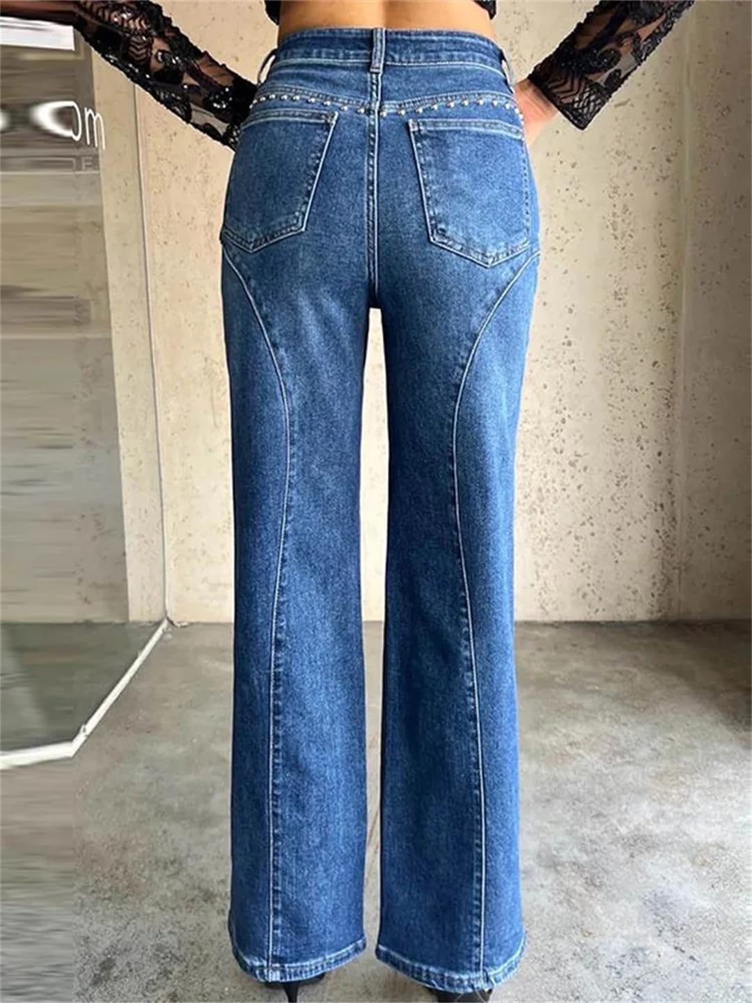 Women Studded Denim Straight Pants High Waist Hip Package Metal Rivets Design Trousers Club Wear Style