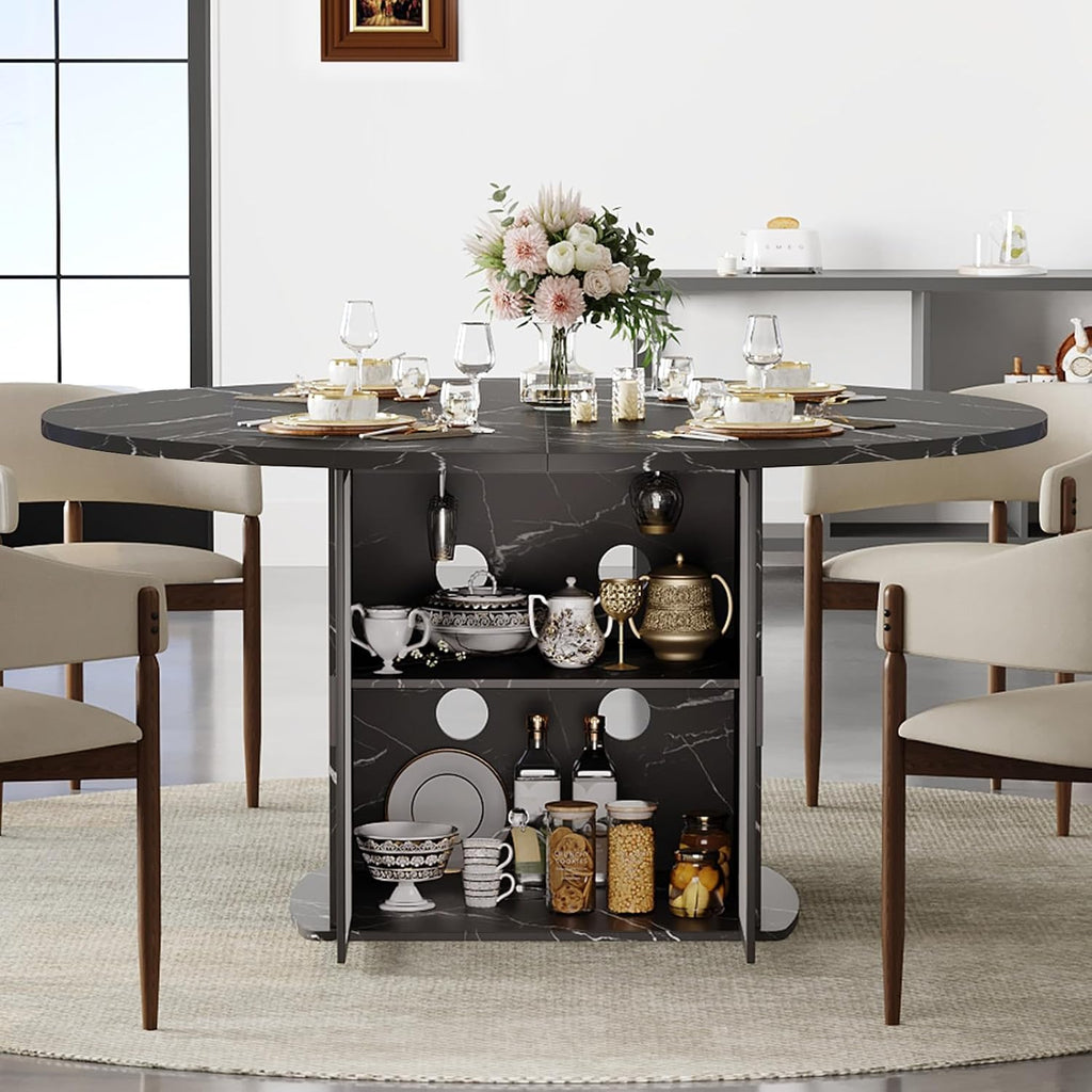 IBF Round Dining Table with Storage, Black Faux Marble Kitchen Tables for 4-6 People, 47' Modern Dining Room Tables with Fridge Space, Wood Circle Dinner Table for Home, Black Marble, Only Table