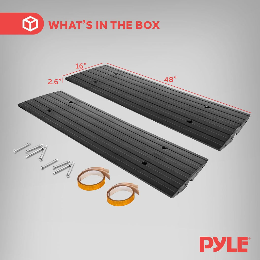 Pyle 8 Ft. Rubber Curb Ramp Set - Pack of 2 Heavy Duty Non-Slip Threshold Ramps for Driveways & Sidewalks, Waterproof, Yellow Reflective Strips, Expansion Screws Included, 48''x16''x2.6'' Inches