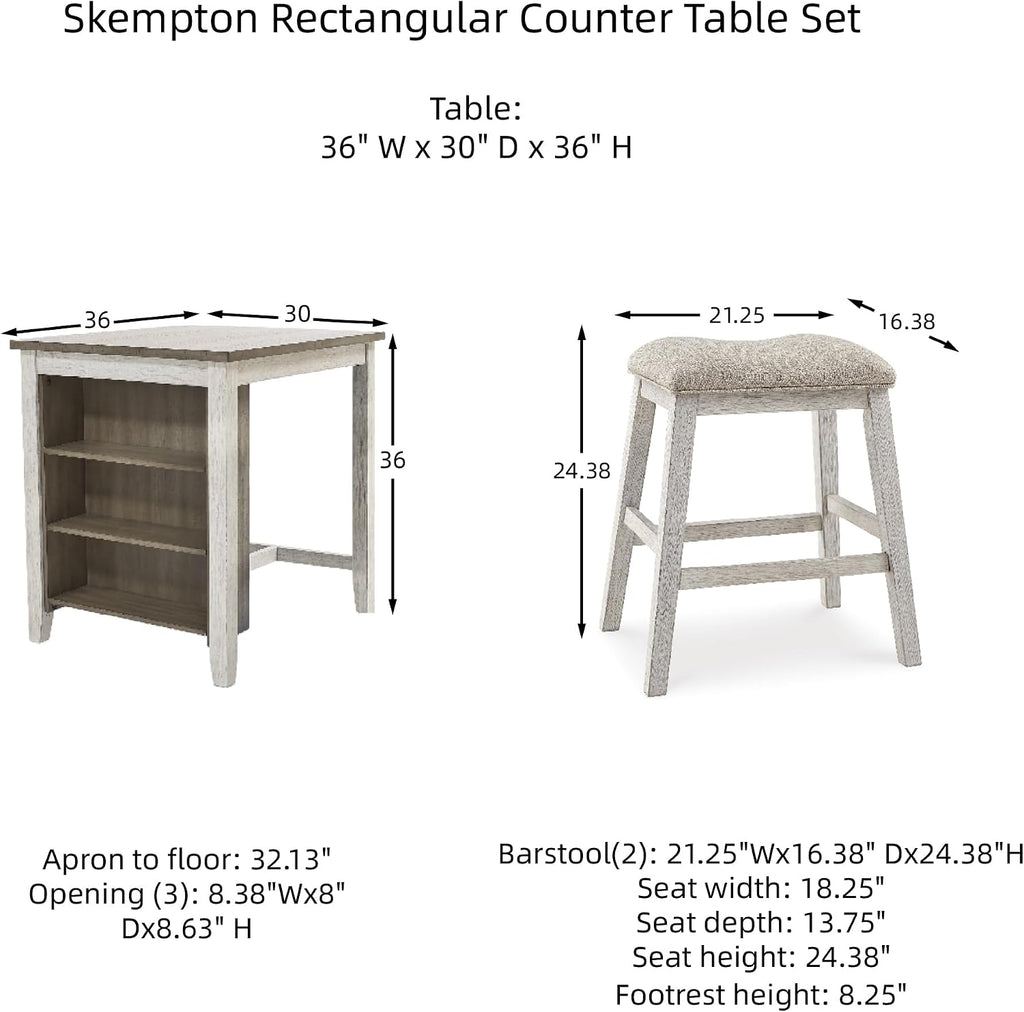 Signature Design by Ashley Skempton 3 Piece Counter Height Dining Set, Includes Table and 2 Barstools, Cushioned Seats, Wood, Whitewash