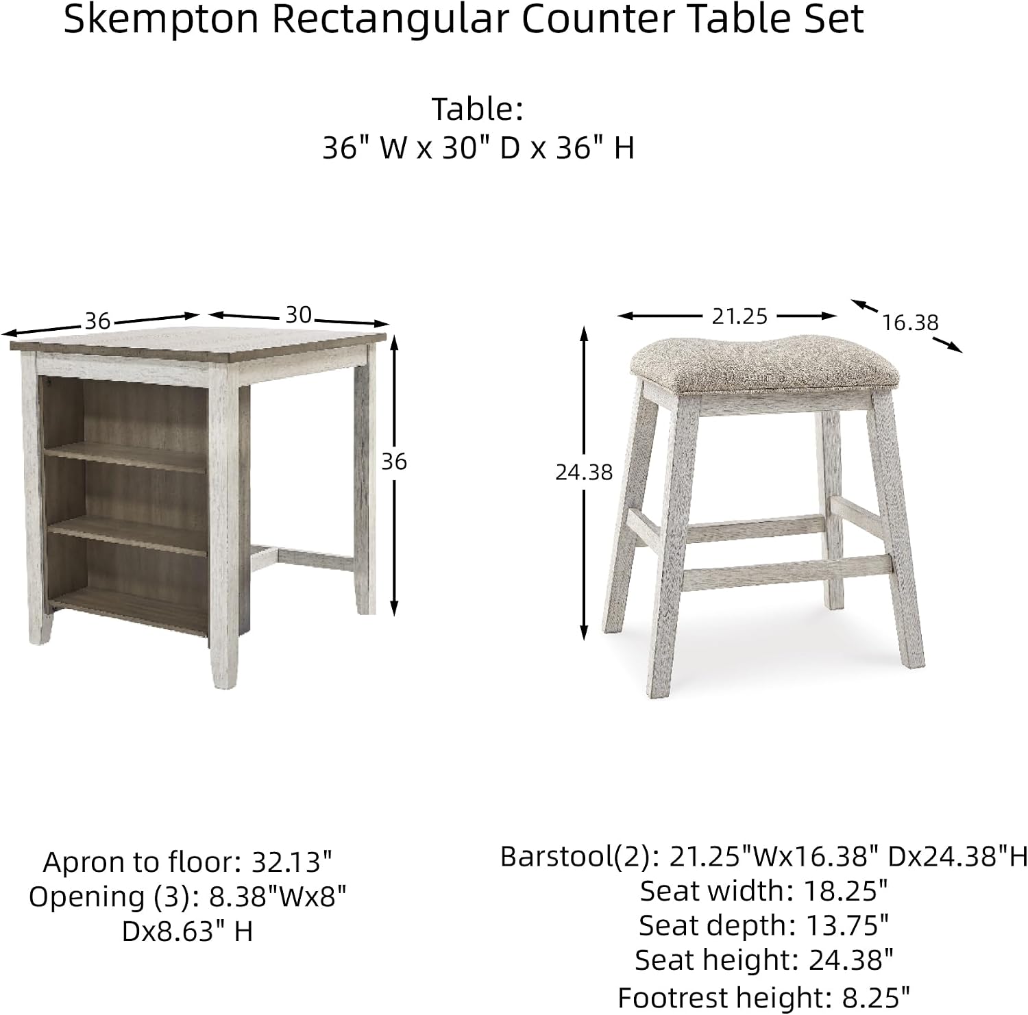 Signature Design by Ashley Skempton 3 Piece Counter Height Dining Set, Includes Table and 2 Barstools, Cushioned Seats, Wood, Whitewash