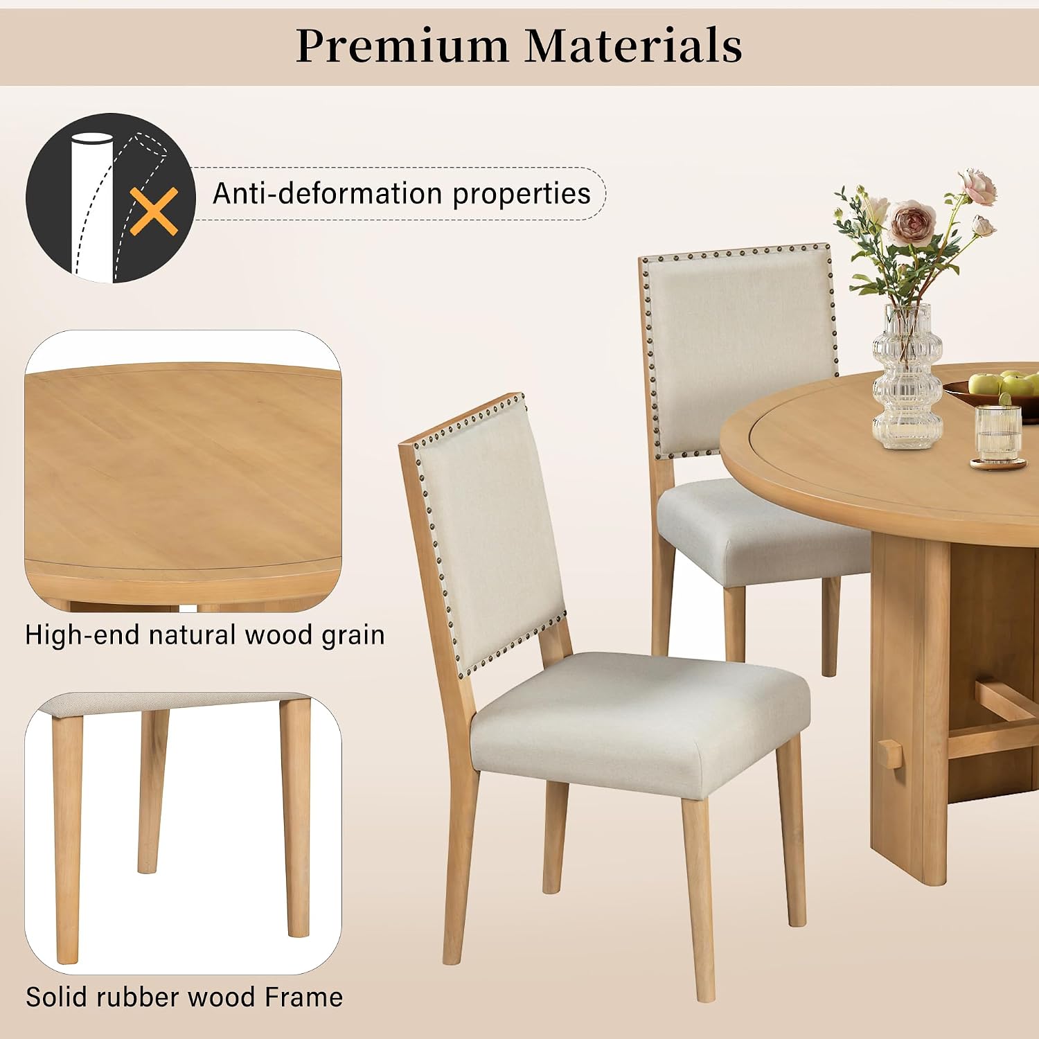 Merax 5-Piece Round Dining Table Set for 4, Minimalist Farmhouse Dining Table with 4 Upholstered Chairs, Kitchen & Dining Room Sets, Beige+Natural