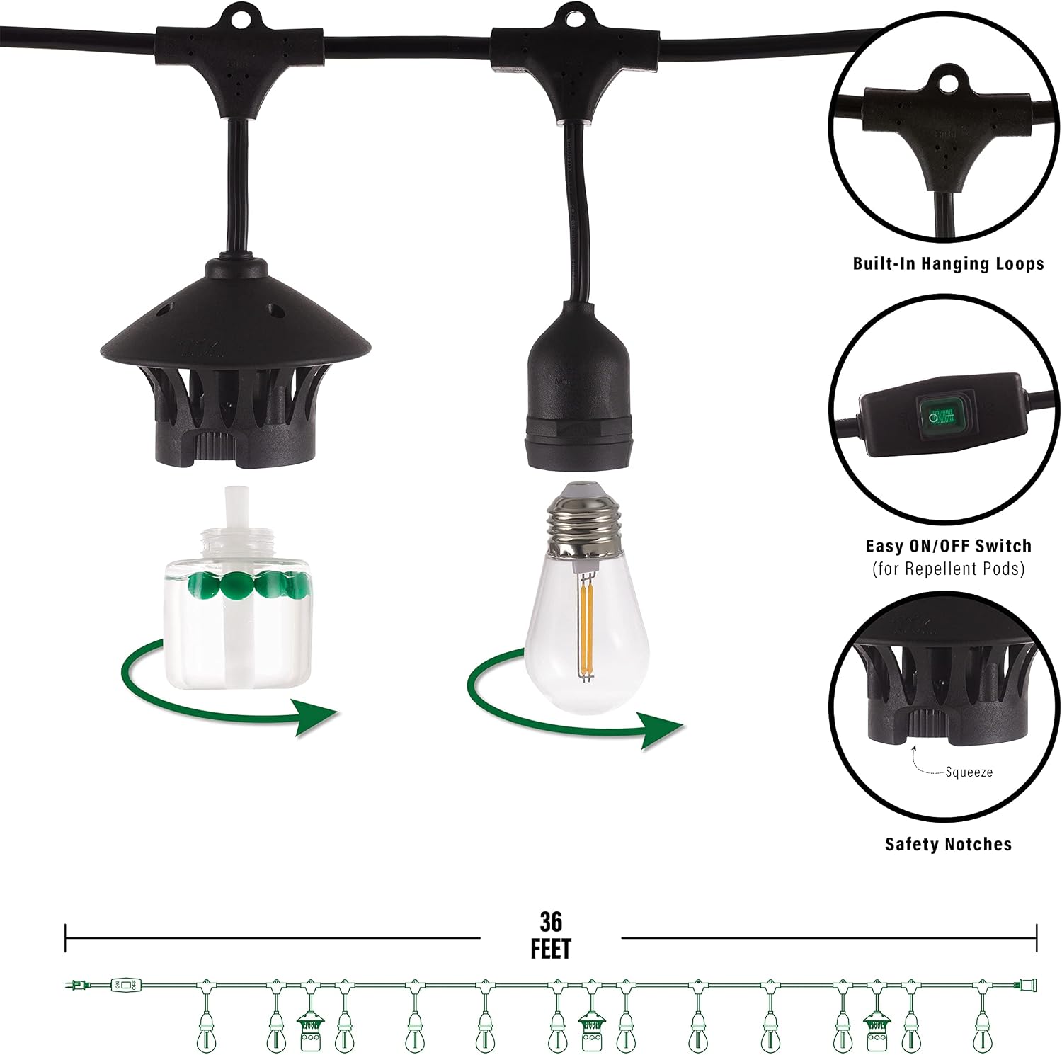 TIKI BiteFighter Outdoor LED Weatherproof Proven Mosquito Repellent String Lights 36 Ft, Includes 3 Replaceable Repellent Pods