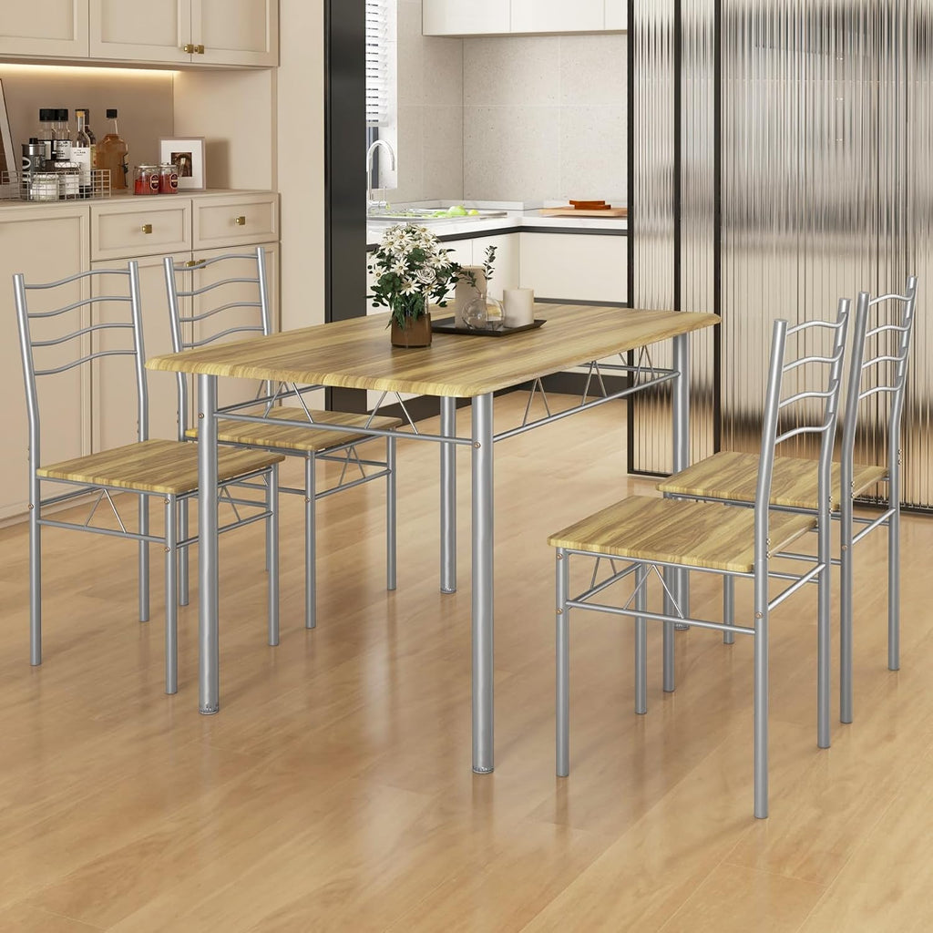 Giantex 47-inches Dining Table Set for 4, Rectangular Kitchen Table with 4 Dining Chairs, Metal Frame, 5-Piece Space-Saving Dinette Set for Small Space, Dinner, Breakfast Nook, Apartment, Natural