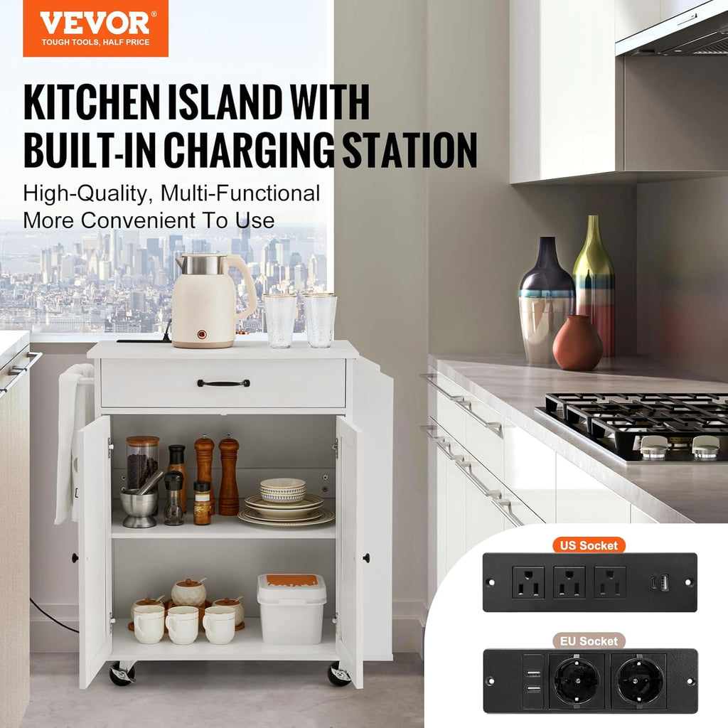 VEVOR Kitchen Island Cart, 32' Mobile Carts with Storage Cabinet, Rolling Table with Power Outlet, Spice Rack, Towel Bar, Adjustable Shelf, Drawer, Dining Living Room Portable Islands on Wheels, White