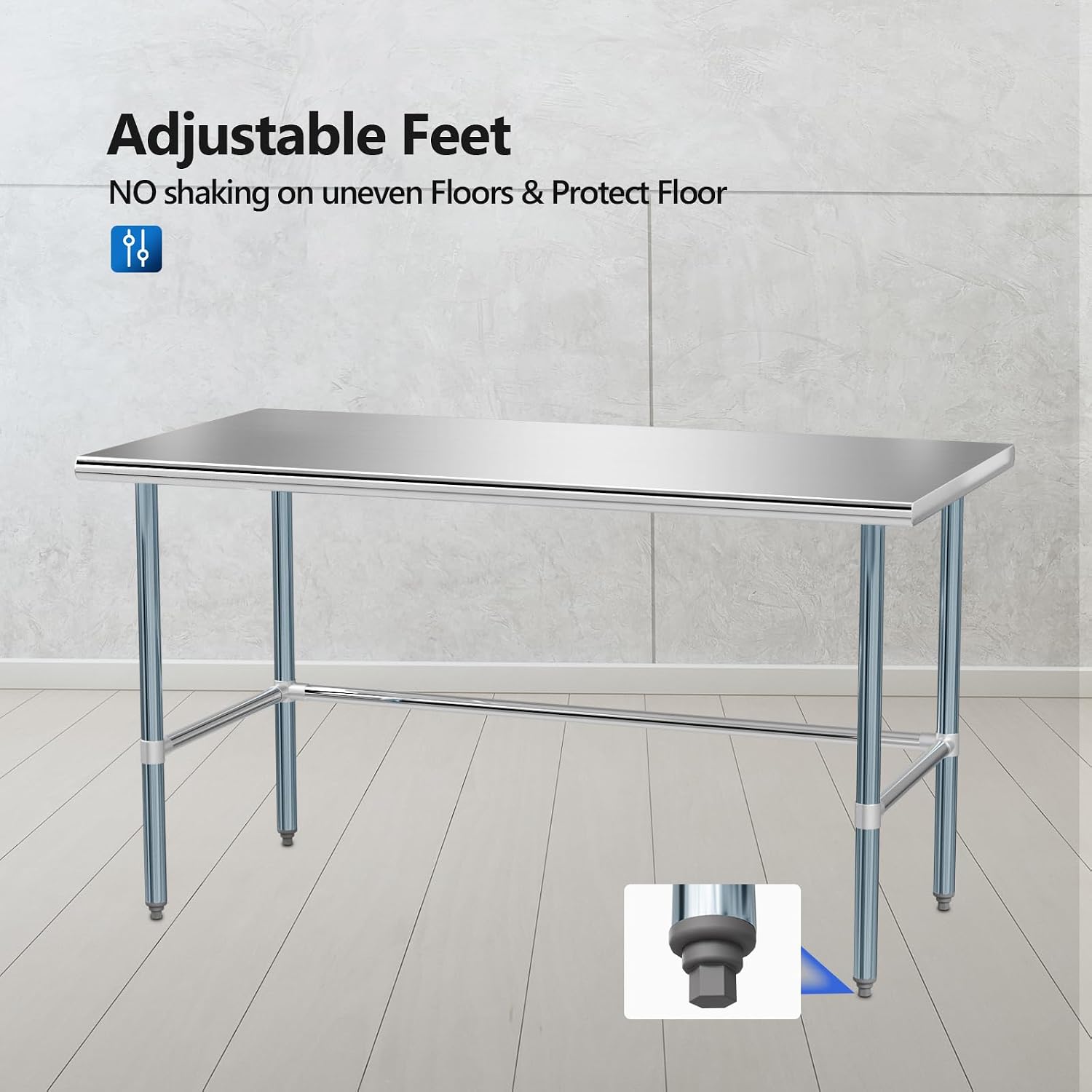 ROVSUN Open Base Stainless Steel Table 60 x 30 Inches, NSF Commercial Heavy Duty Prep & Work Table, Metal Table for Kitchen, Restaurant, Home, Hotel, Garage, Laundry