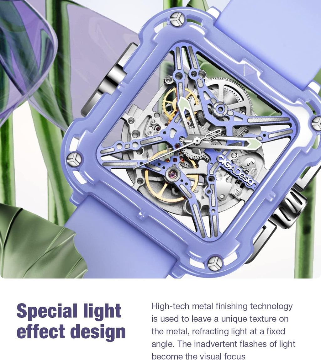CIGA Design Watches for Womens X Series - Machina, Mechanical Automatic Watches Fashion All-Match Wrist Accessories Sapphire Crystal Analog Skeleton Watches with Silicone Strap