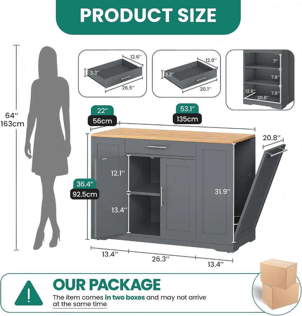 YITAHOME 53 inch Large Rolling Kitchen Island with Trash Can Storage Cabinet, Portable Mobile Islands Table Long Floating Movable w Wheels Cabinet for 13 Gallon Garbage Bin 2 Drawer, Grey
