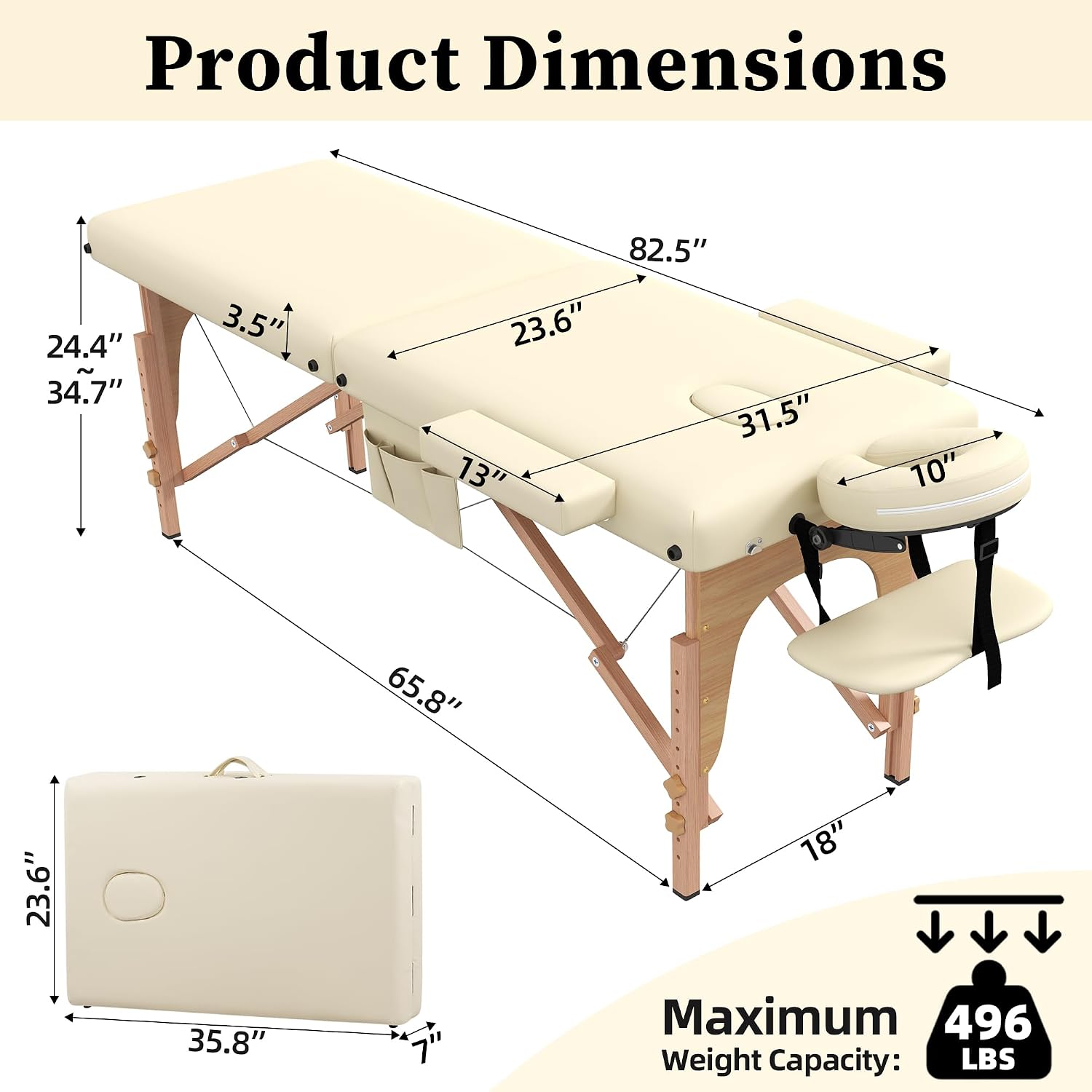 civama Massage Table Massage Bed Portable, 29 LBs Light Weight Foldable Tattoo Facial Care Spa Lash Bed Aluminum Frame with Accessories Carrying Bag, Beige