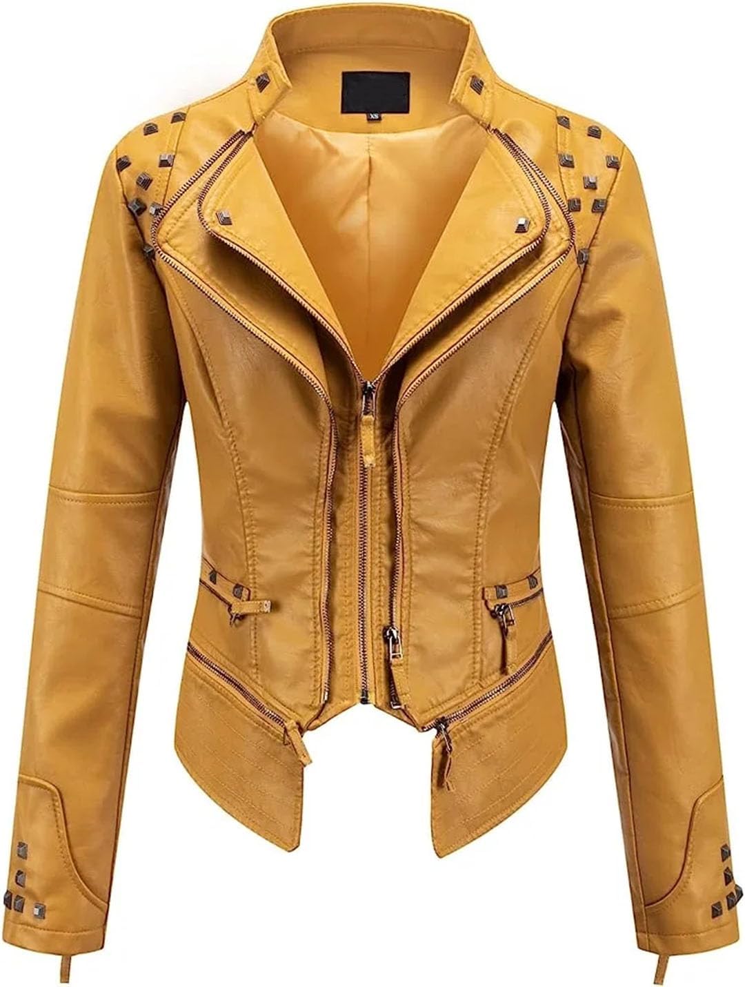 Women Suit Collar Rivet Waist Short Washed PU Leather Jacket American Retro Style Long Sleeve Turn-Down Collar Jacket